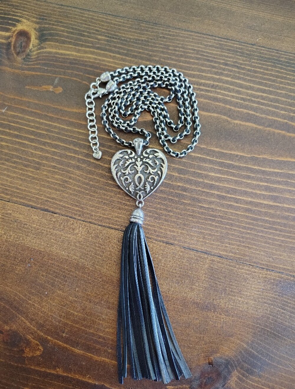 Brighton Silver Filigree Heart Pendant Necklace with Black Tassel